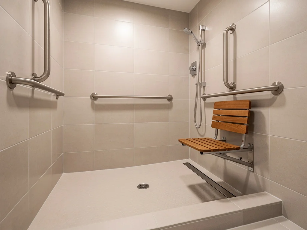 Barres d'appui en inox et siège rabattable installés dans une douche sénior