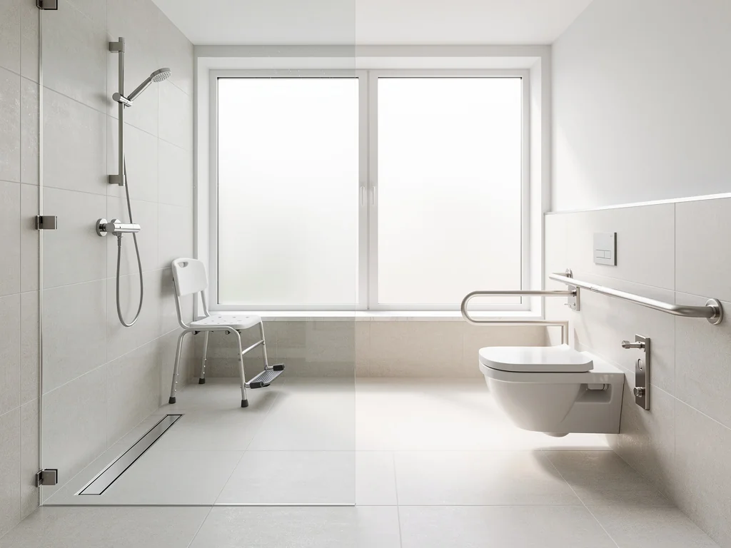 Salle de bain PMR dégagée pour l'accès en fauteuil, WC suspendu