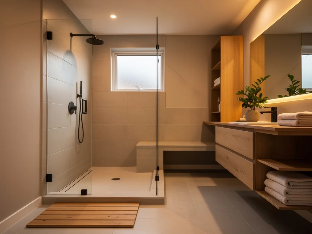 Salle d'eau rénovée aux tons chaleureux, douche accessible et touches de bois